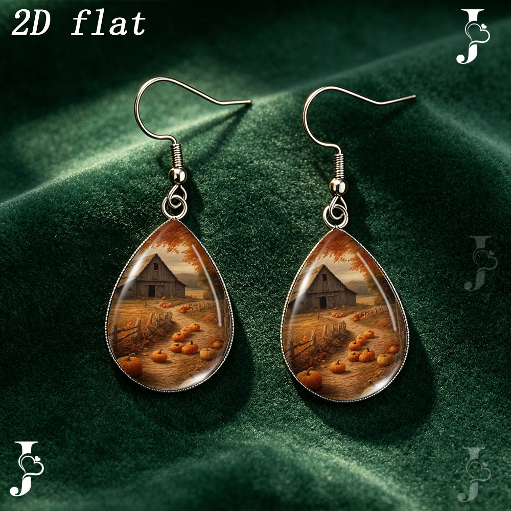 Autumn Farm Barn Pumpkin Path Teardrop Dangle Earrings